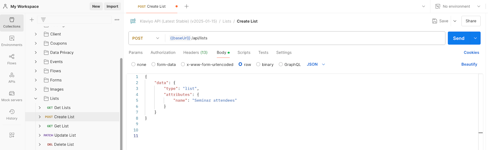 Using the create list endpoint in Postman