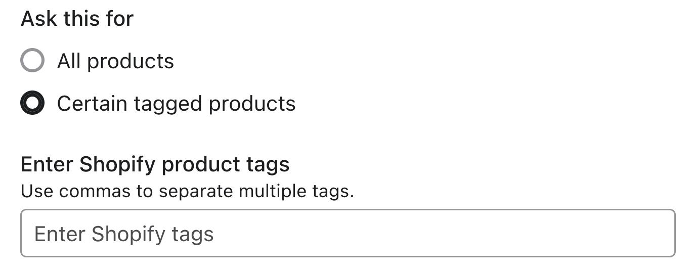 Under "Ask this for" certain tagged products is selected. 
