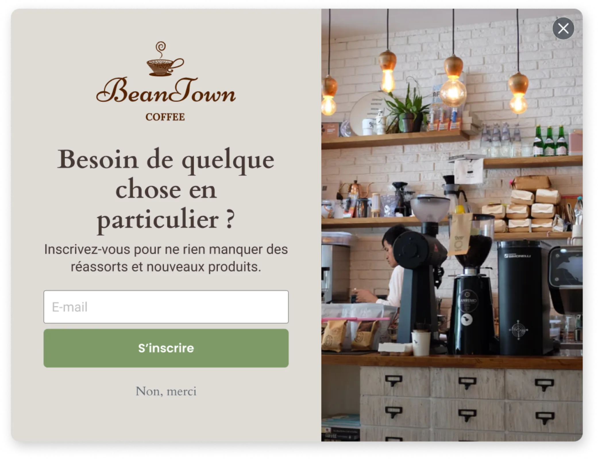 Formulaire de rupture de stock Beantown encourageant quelqu’un à s’inscrire aux alertes de retour en stock