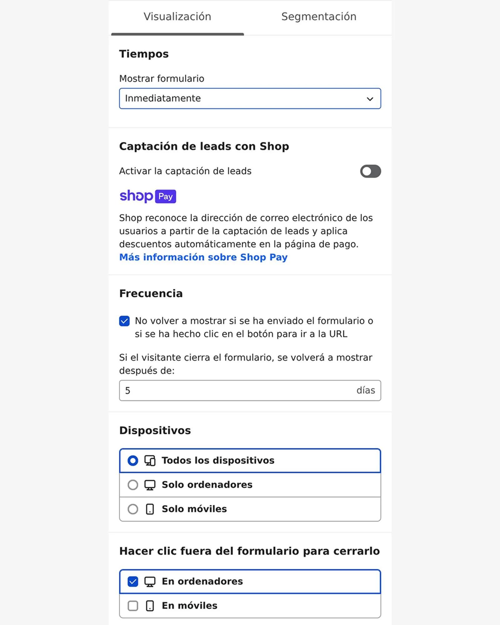 La pestaña «Visualización» del editor de formularios