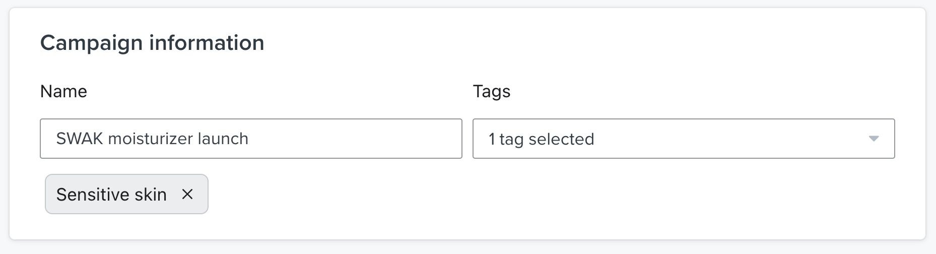 Example of a SWAK Cosmetics campaign that promotes the launch of a new moisturizer with the tag "Sensitive skin" applied. 