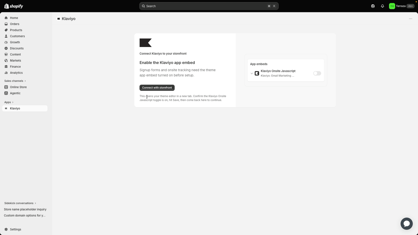 Shopify admin screen showing Klaviyo app embed setup with instructions to connect to the storefront and a toggle for Klaviyo Onsite Javascript.