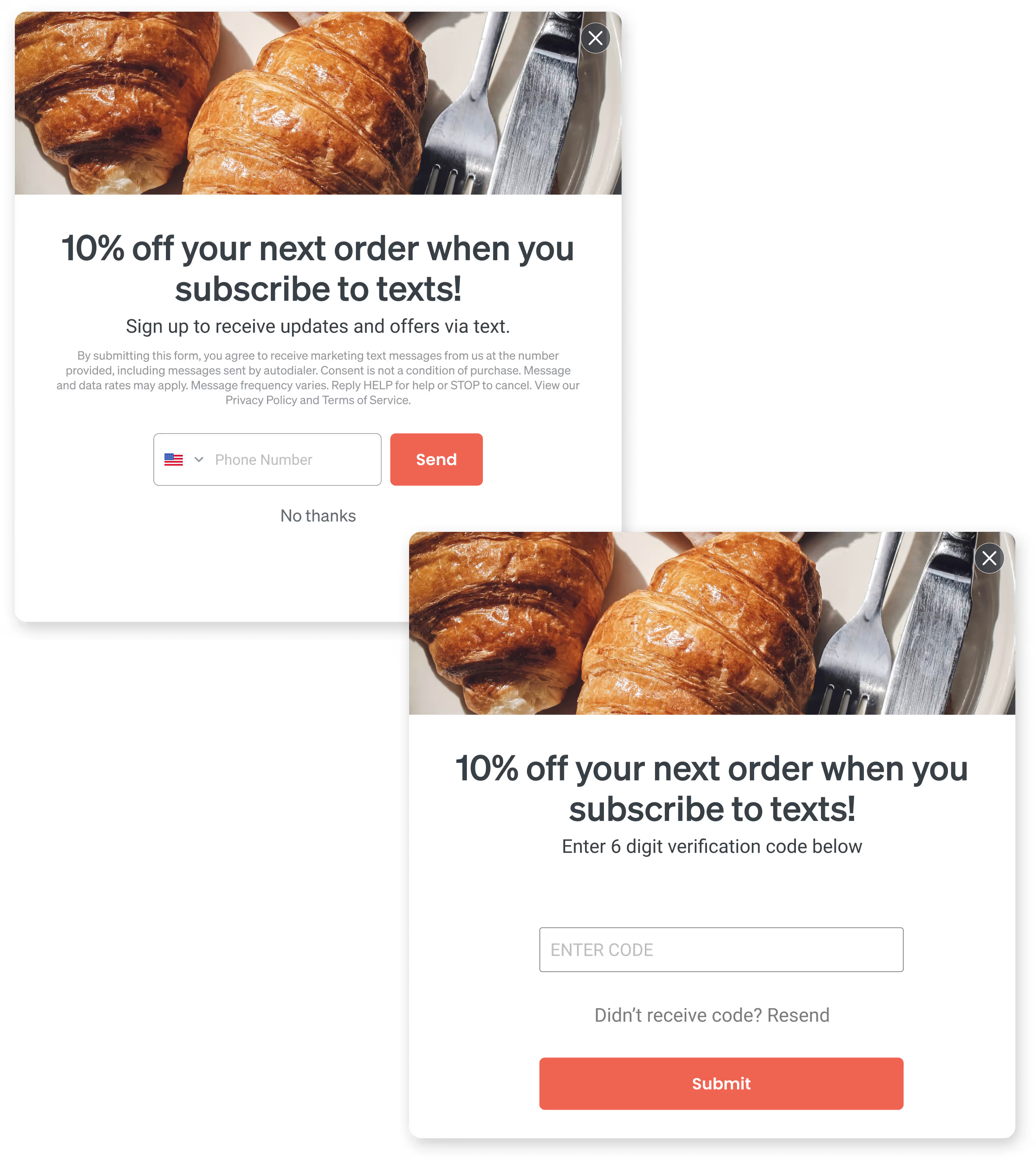 Multi-step form showing email and text message consent options in Klaviyo