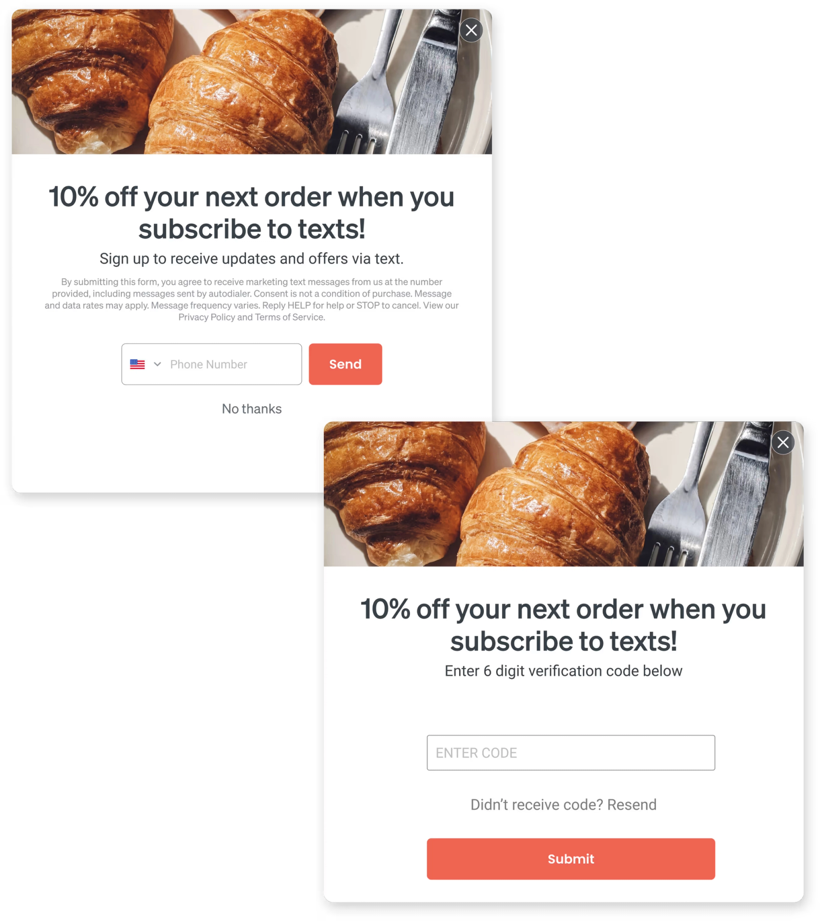 Multi-step form showing email and text message consent options in Klaviyo