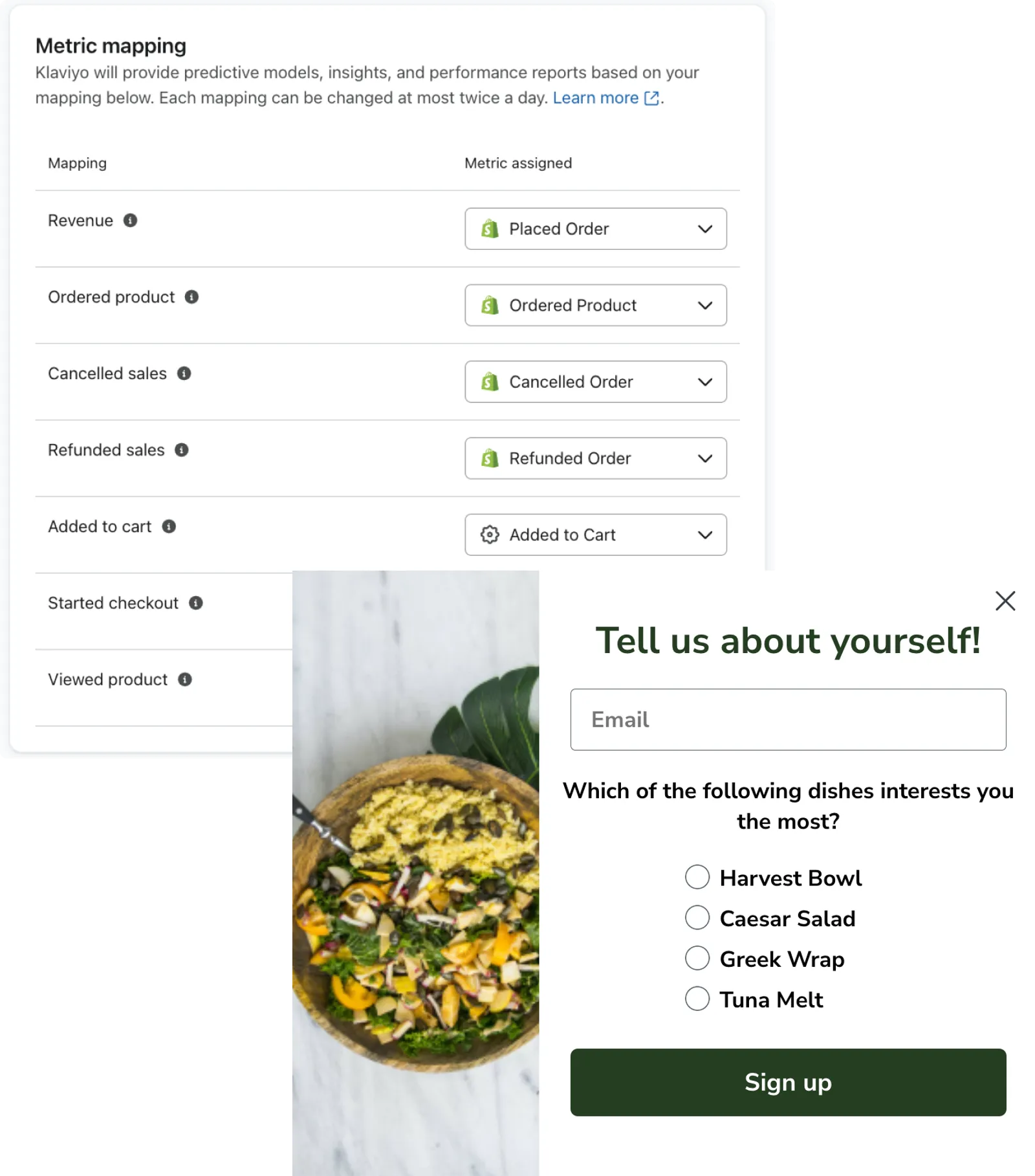 A visual of metric mapping and a sign-up form