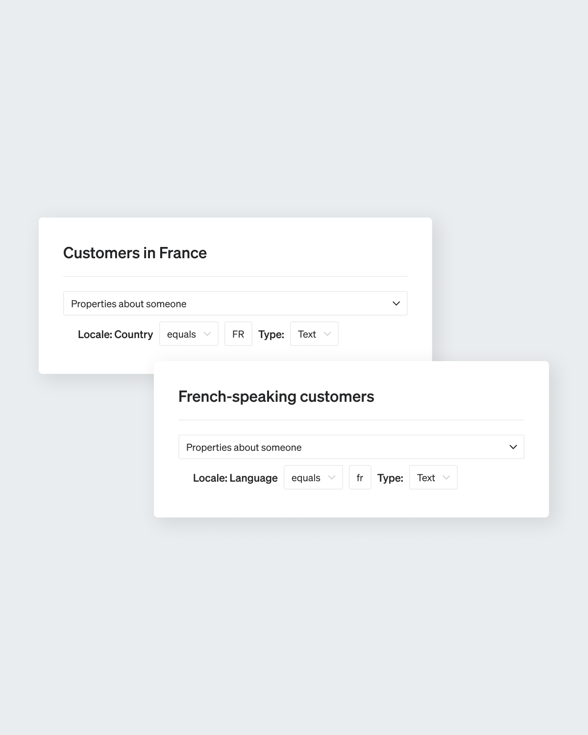 Two segment builder panels show audience filters based on locale: one targeting customers in France where Locale:country equals FR, and another targeting French-speaking customers where Locale:language equals fr.