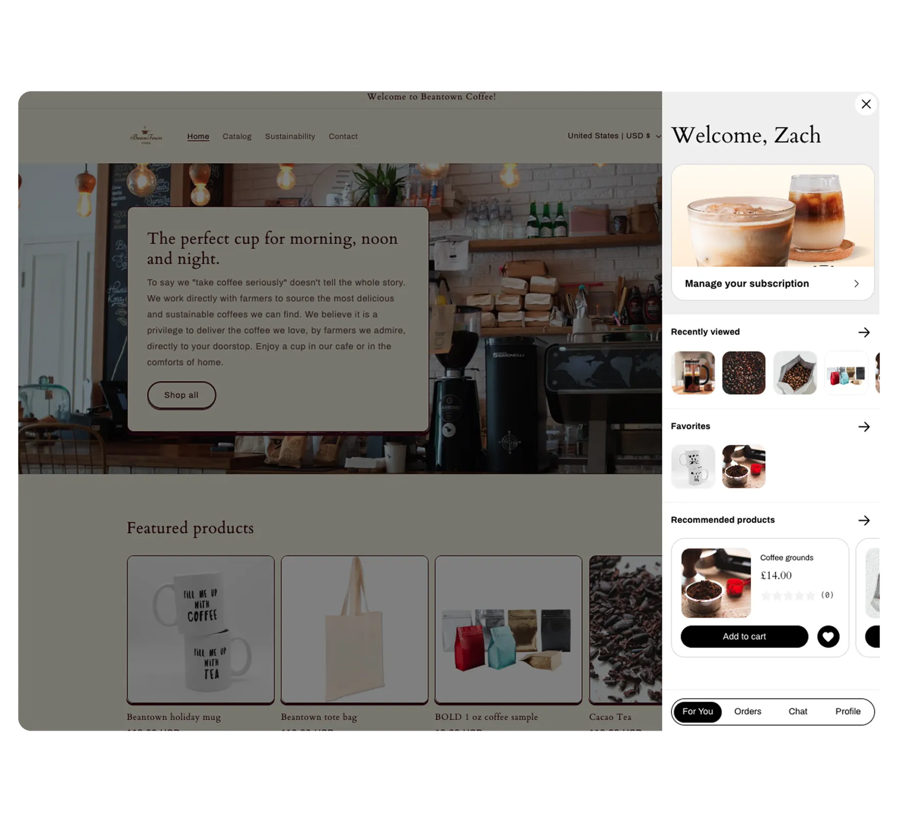 The Customer Hub overlay on the Beantown Coffee website.