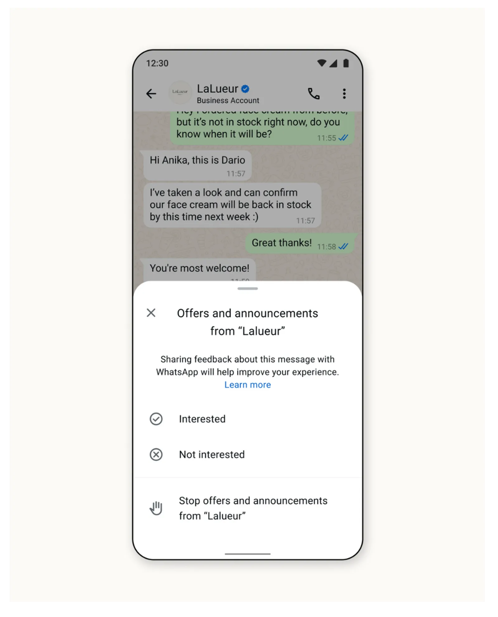 A WhatsApp message with the option to share feedback on or block a business