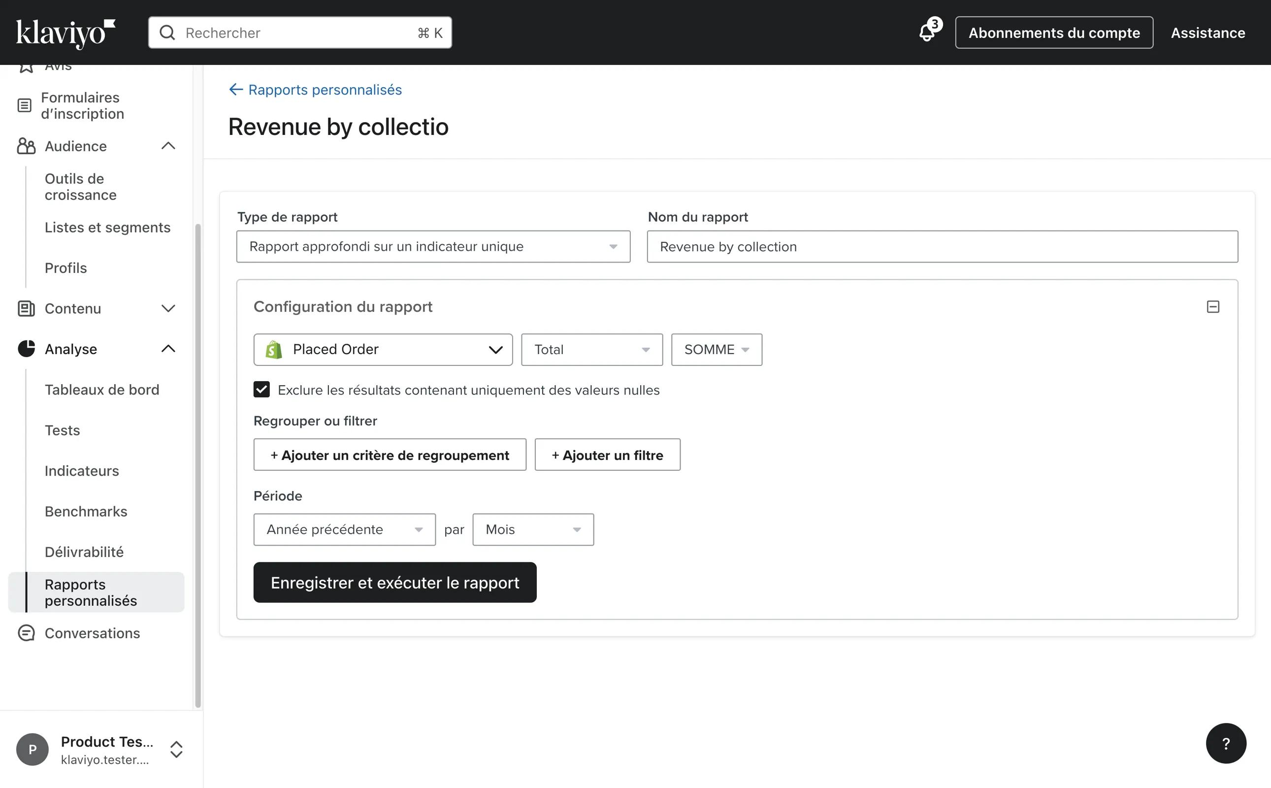 Assistant de création de rapport personnalisé montrant les options de configuration pour un rapport approfondi sur un seul indicateur.