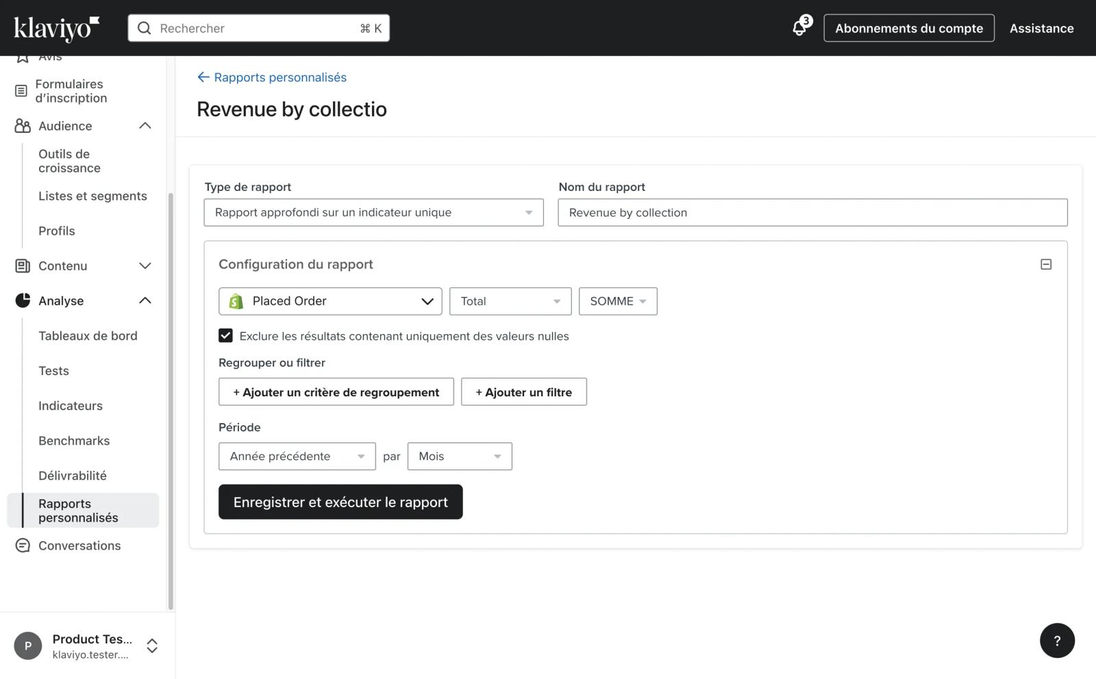 Assistant de création de rapport personnalisé montrant les options de configuration pour un rapport approfondi sur un seul indicateur.