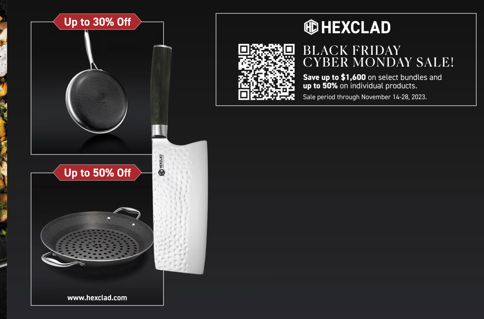 HexClad Black Friday Cyber Monday Sale ad featuring pans and a cleaver knife with discounts up to 50% off.
