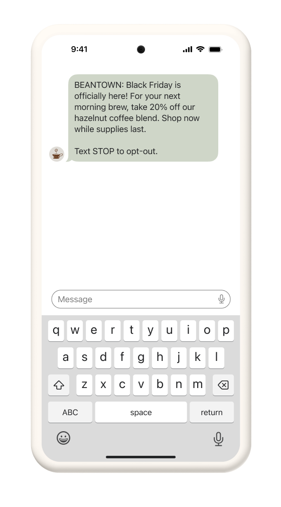 Beantown SMS message with 20% discount for BFCM.