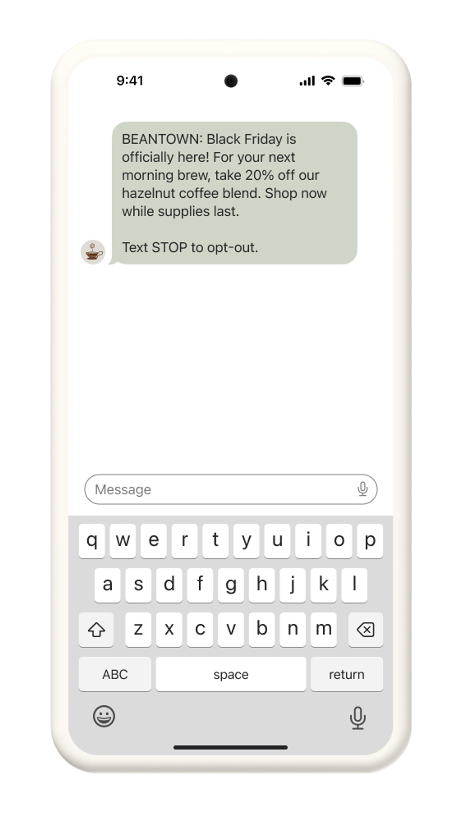 Beantown SMS message with 20% discount for BFCM.