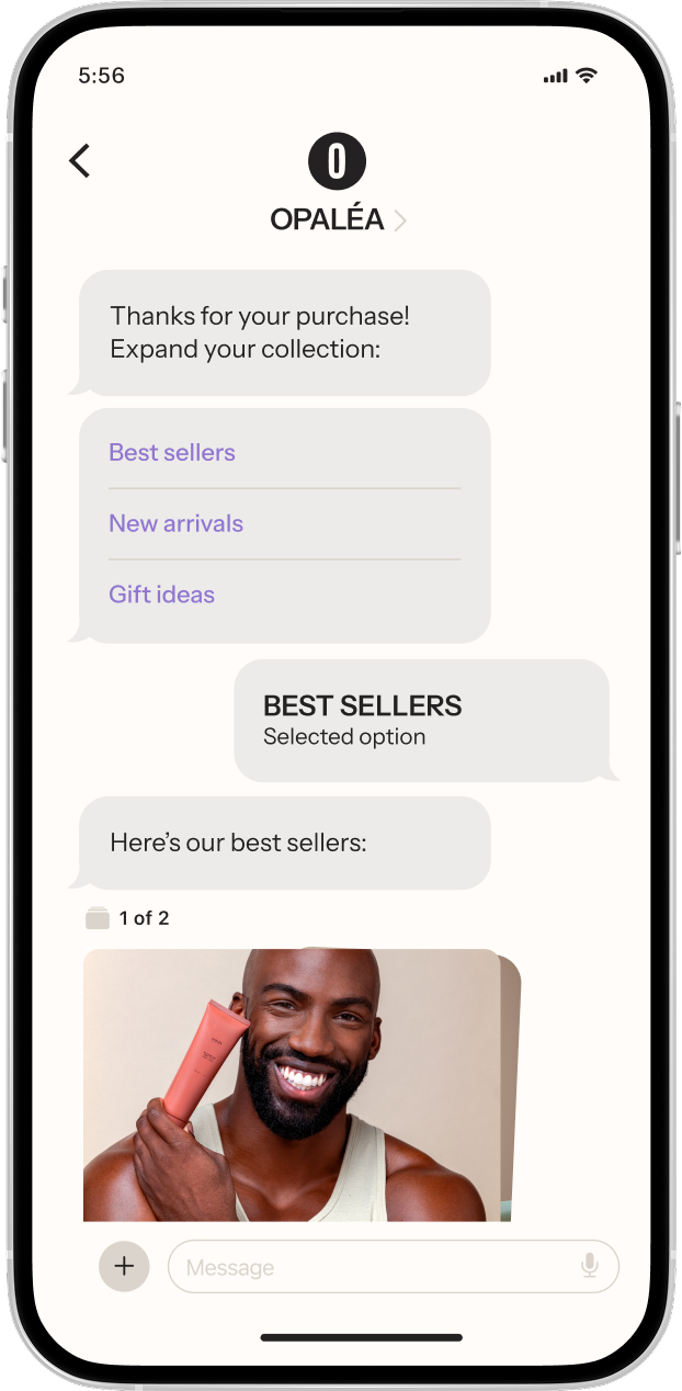 A smartphone displaying an OPALEÁ chat, showing a selected "Best sellers" option and an image of a smiling Black man holding a peach-colored product tube.