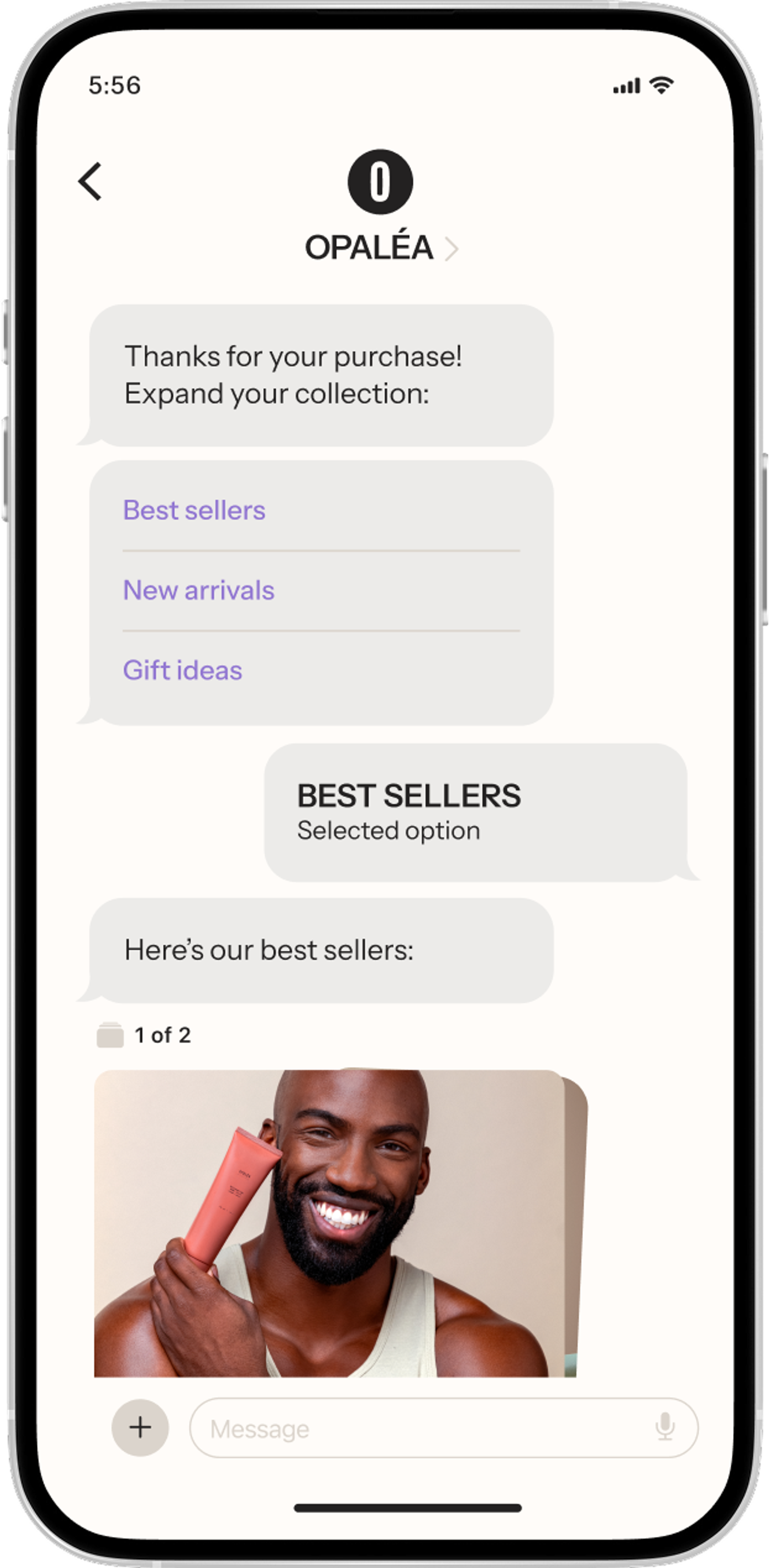 A smartphone displaying an OPALEÁ chat, showing a selected "Best sellers" option and an image of a smiling Black man holding a peach-colored product tube.