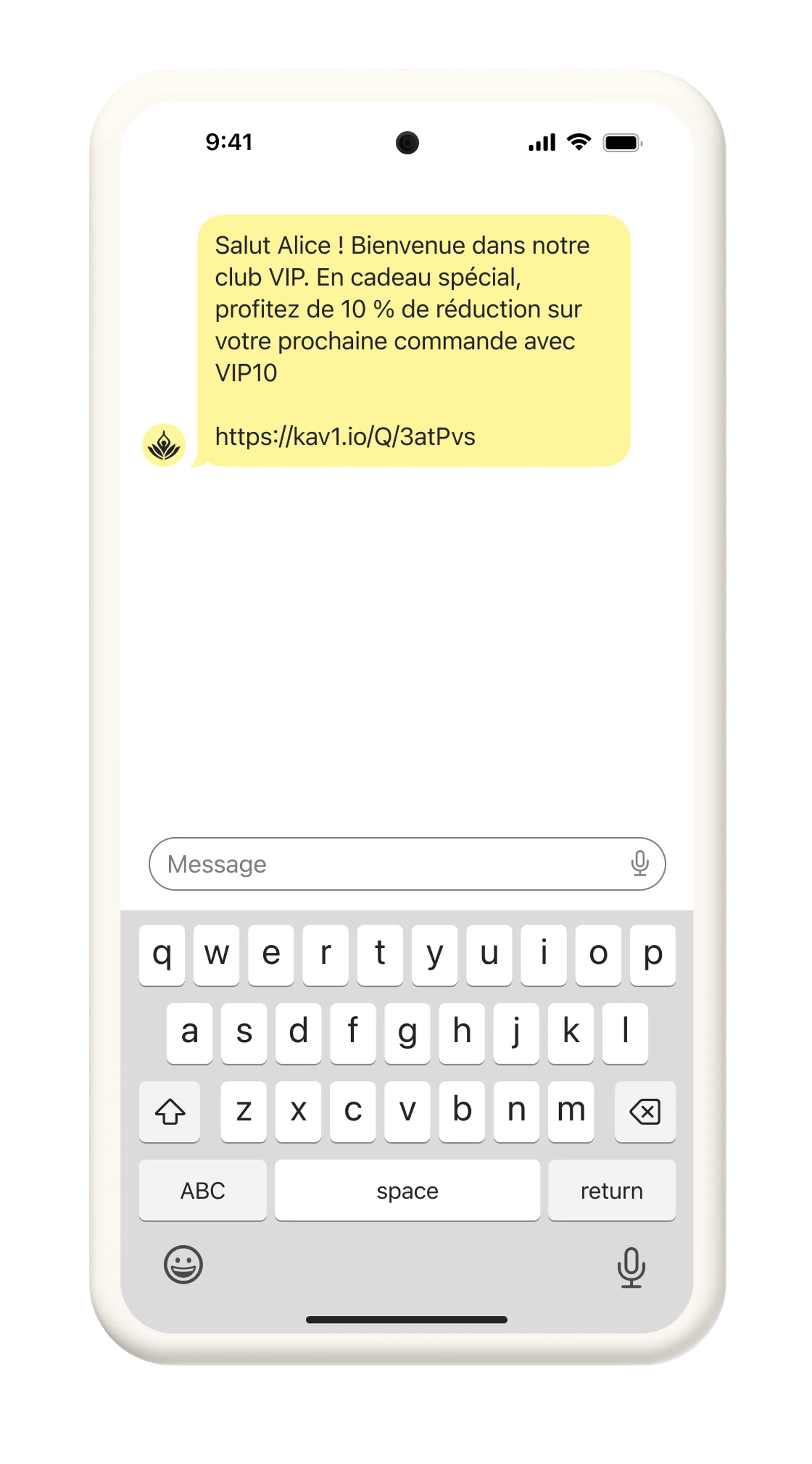 Un SMS VIP de Good Company accueillant les nouveaux VIP dans leur communauté et offrant un code de réduction exclusif pour leur prochaine commande.