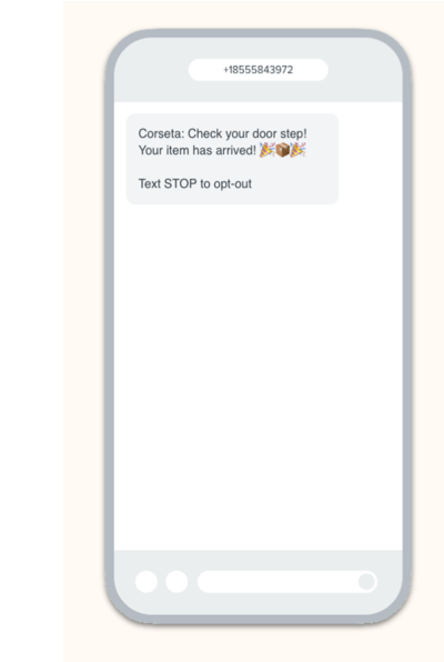 SMS text notification alerting a customer that their item arrived.