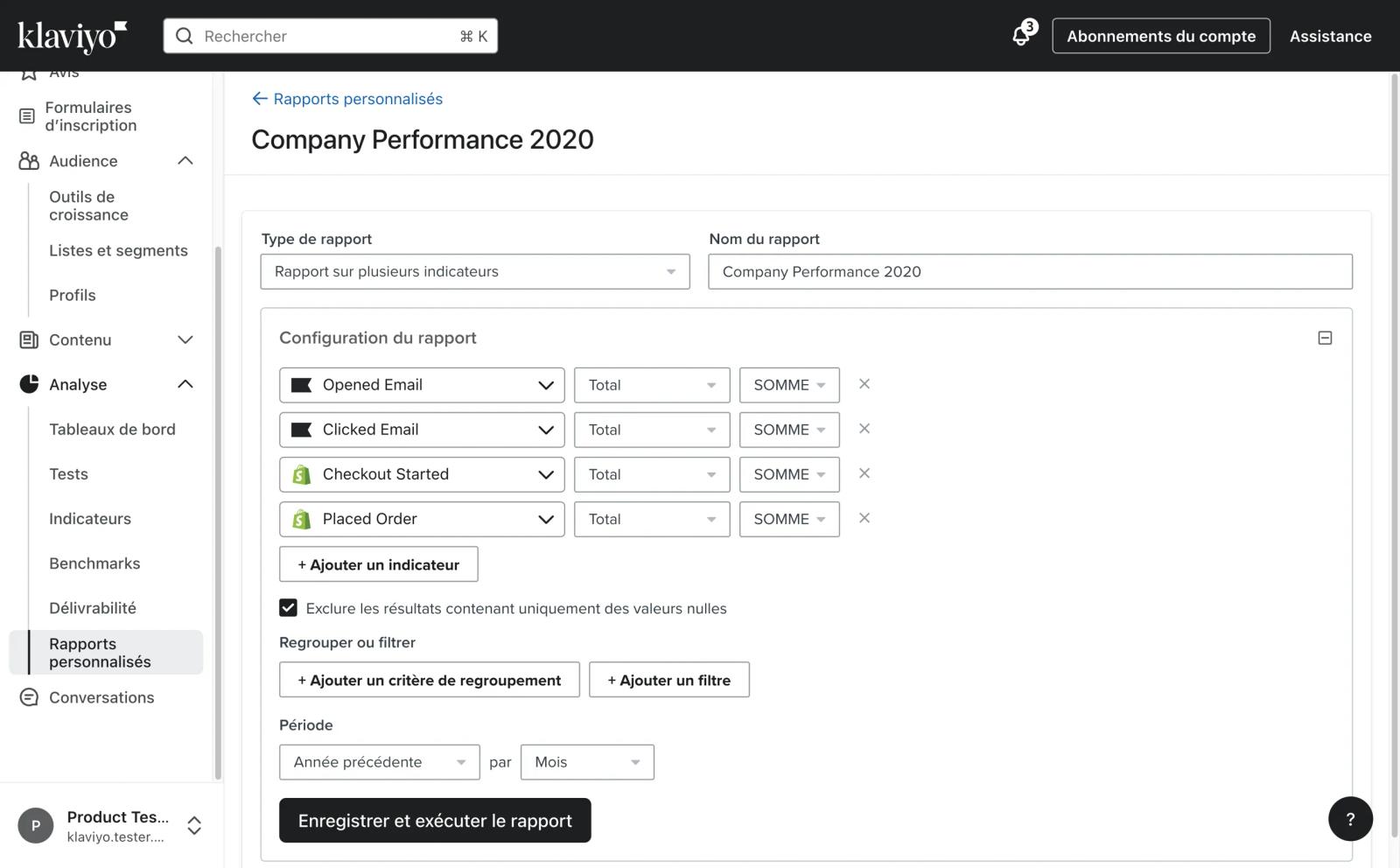 Assistant de création de rapport personnalisé montrant les options de configuration pour un rapport à multi-indicateurs.