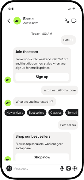A mobile phone displays a chat conversation with the brand "Eastie," showing promotional messages about discounts, user email input, and product browsing based on selected categories like "Best sellers."