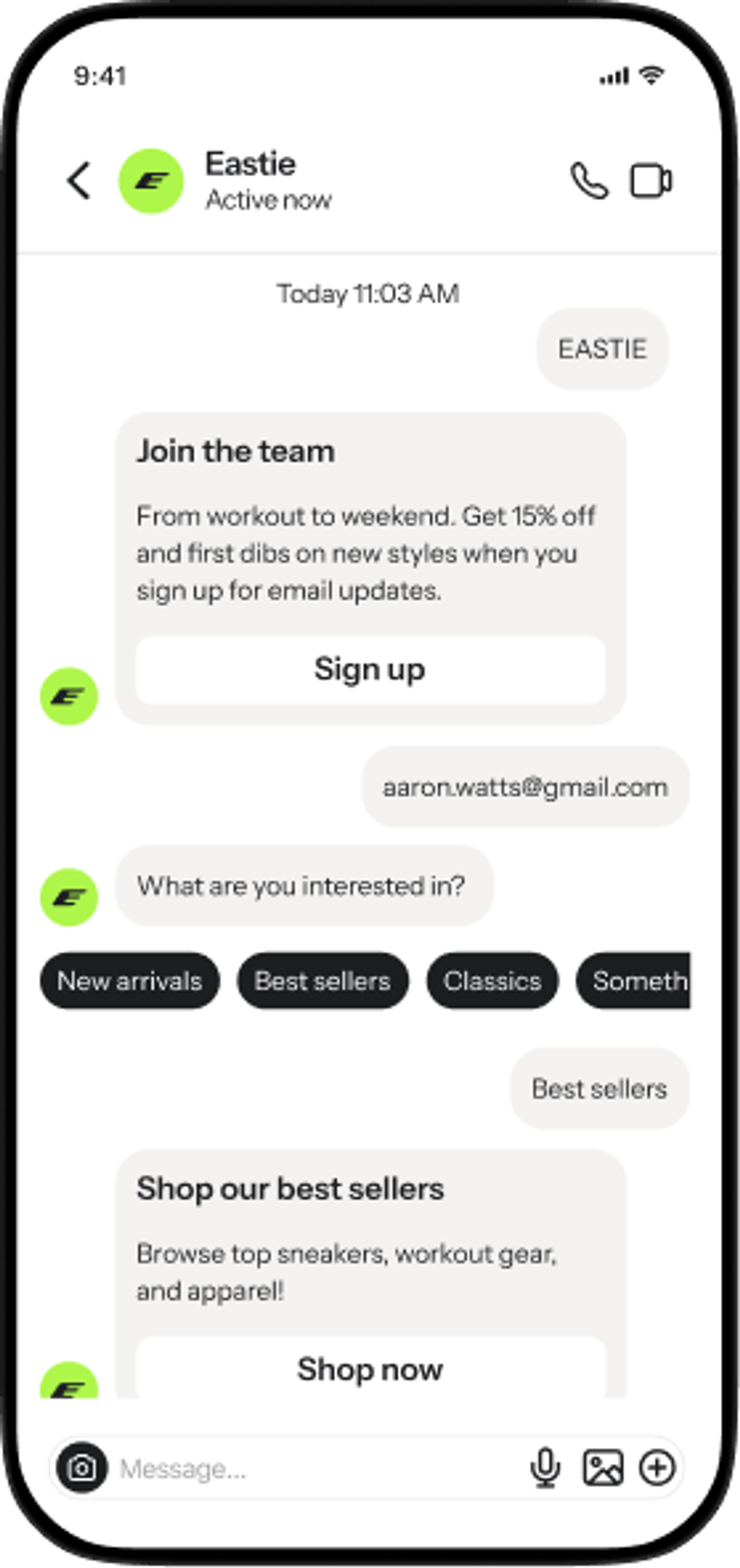 A mobile phone displays a chat conversation with the brand "Eastie," showing promotional messages about discounts, user email input, and product browsing based on selected categories like "Best sellers."