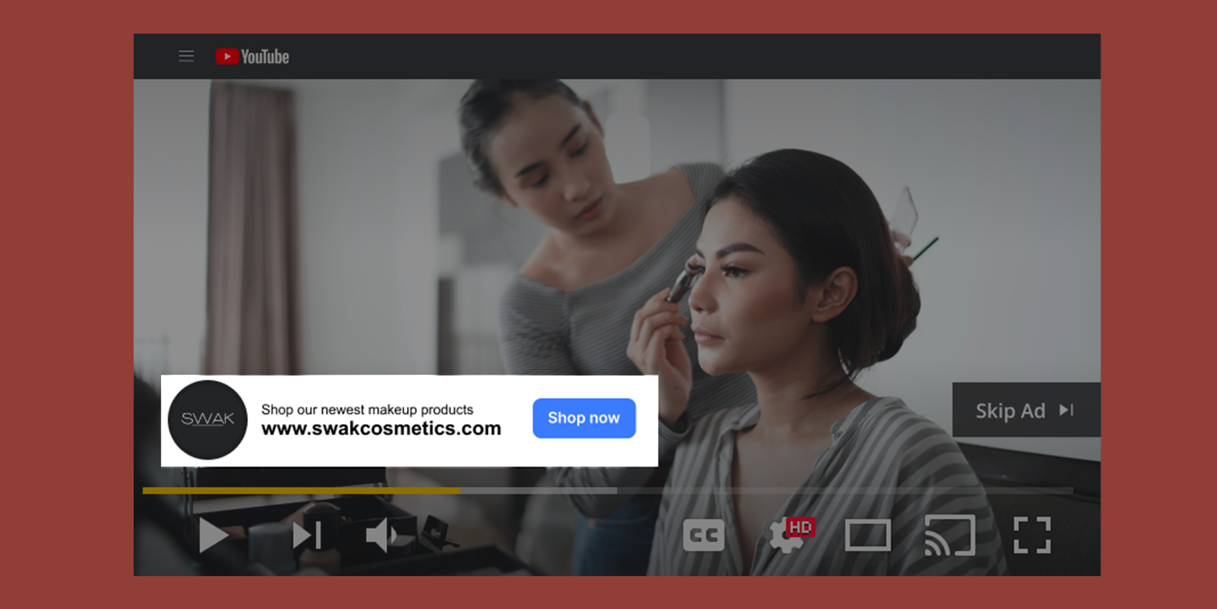 SWAK Cosmetics ad appearing at the beginning of a YouTube video, encouraging someone to click a link to the SWAK website.