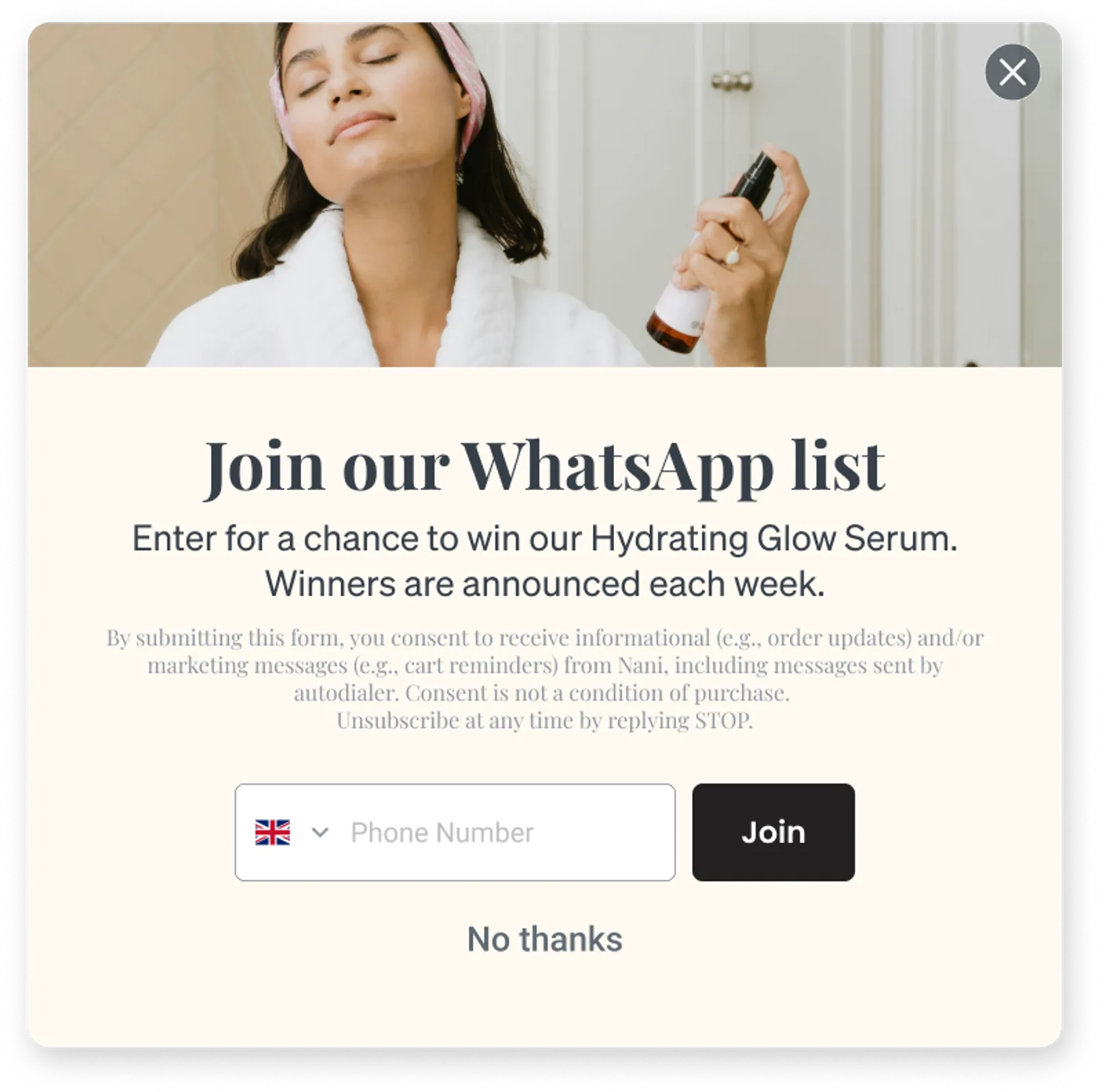 WhatsApp sign-up form with disclaimer text