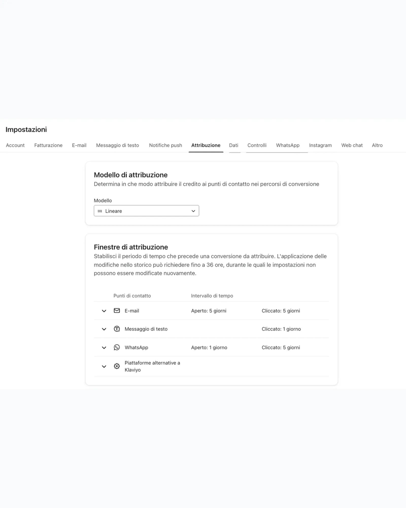 Impostazioni per l'attribuzione in Klaviyo