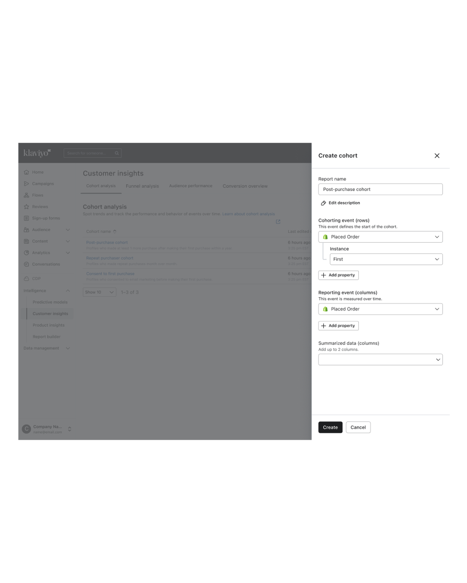 The Create cohort drawer in Klaviyo, detailing a post-purchase cohort.