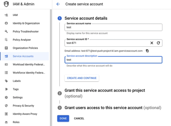 First step of the wizard to create a new service account