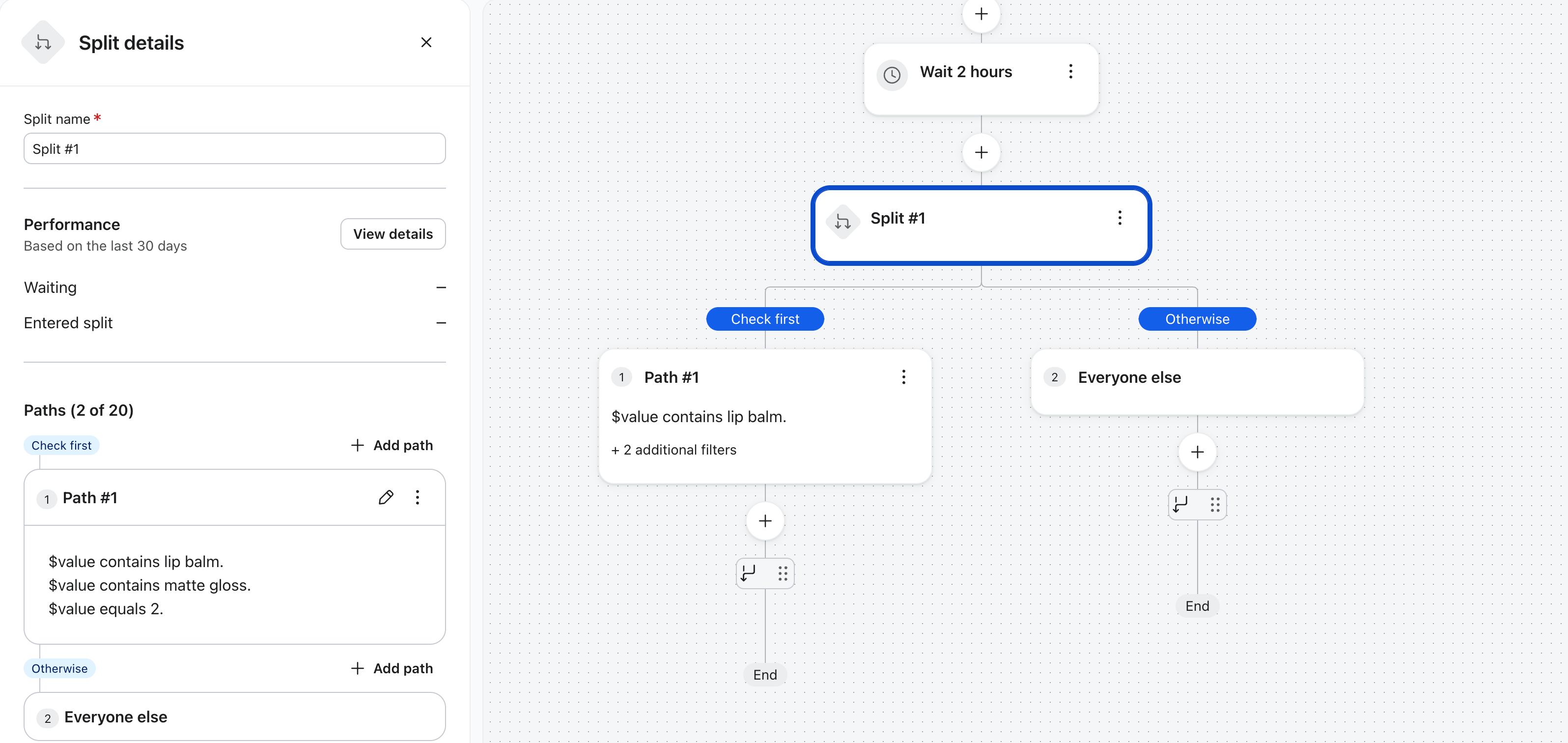A workflow editor showing a 'Split details' panel on the left and a flowchart on the right, with 'Split #1' branching into 'Path #1' (value contains lip balm) and 'Everyone else'.