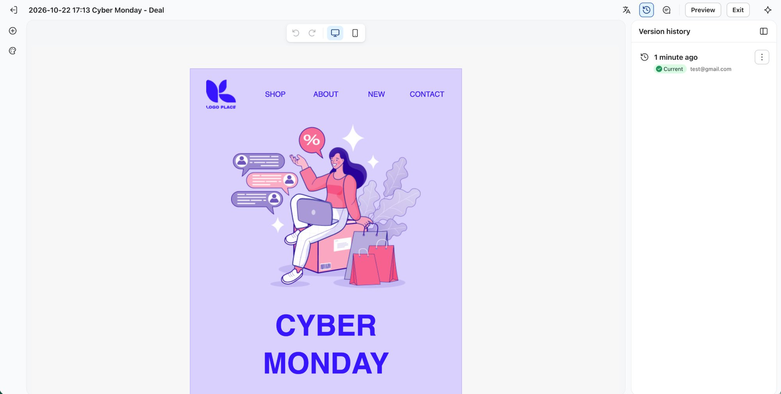 Cyber Monday deal illustration featuring a woman online shopping with a laptop and shopping bags.