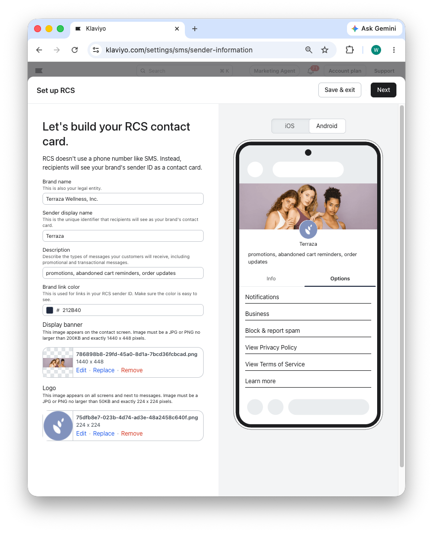 Klaviyo's "Set up RCS" page displays forms for brand details, banner, and logo alongside a live preview of the RCS contact card on a smartphone.