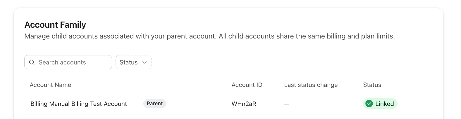 Screenshot of the "Account Family" management page, displaying a parent account with its ID and "Linked" status.