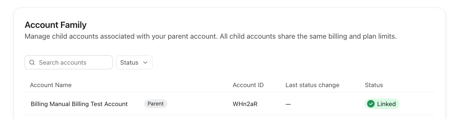 Screenshot of the "Account Family" management page, displaying a parent account with its ID and "Linked" status.