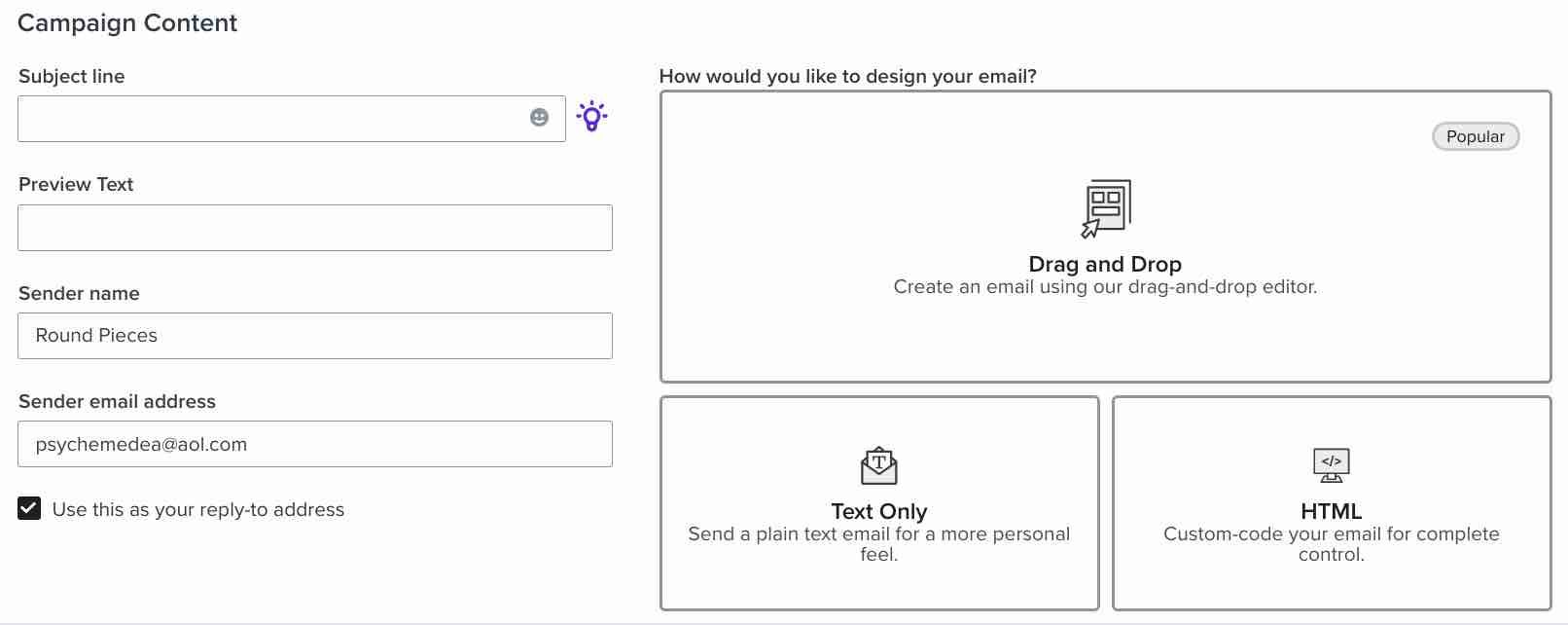 Inside the campaign editor with fields to setup sender name, email address, subject, and preview text