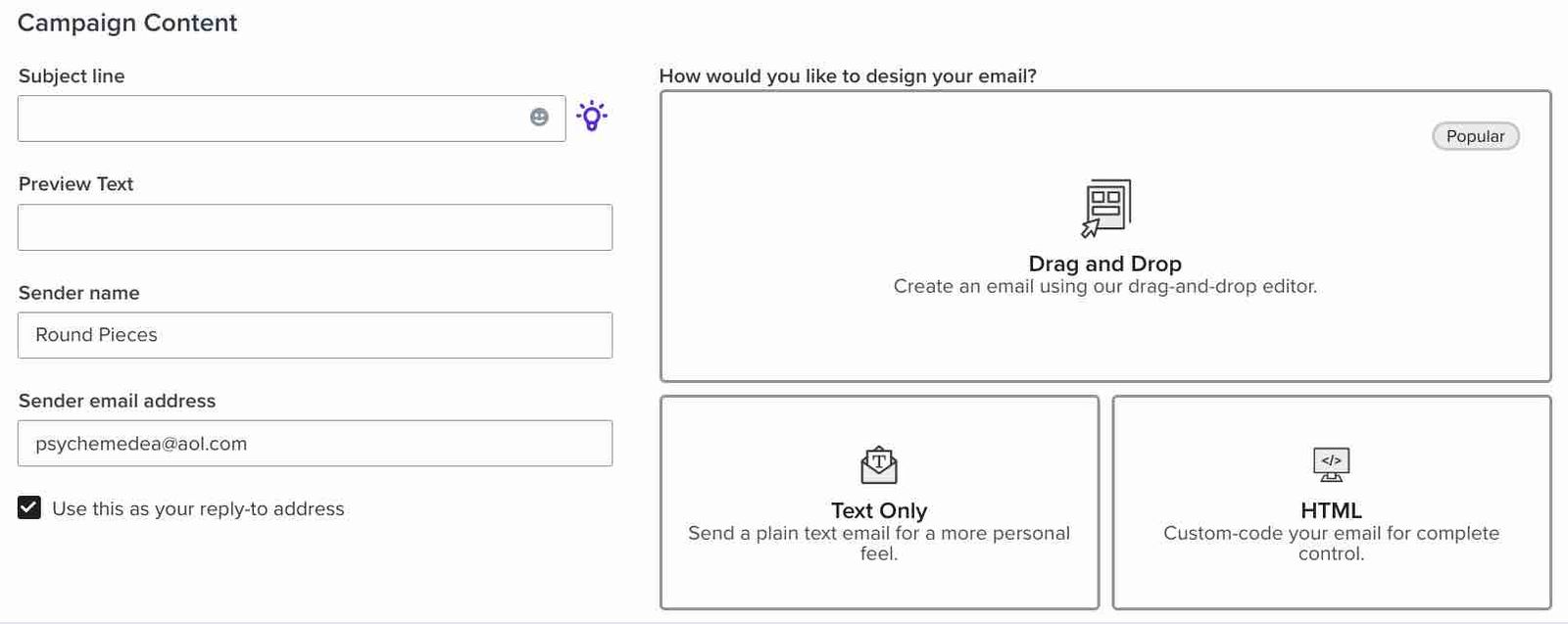 Inside the campaign editor with fields to setup sender name, email address, subject, and preview text