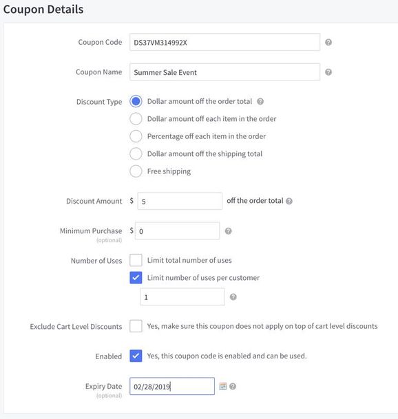 The coupon details page to fill out and select the behavior after creating a new coupon in BigCommerce