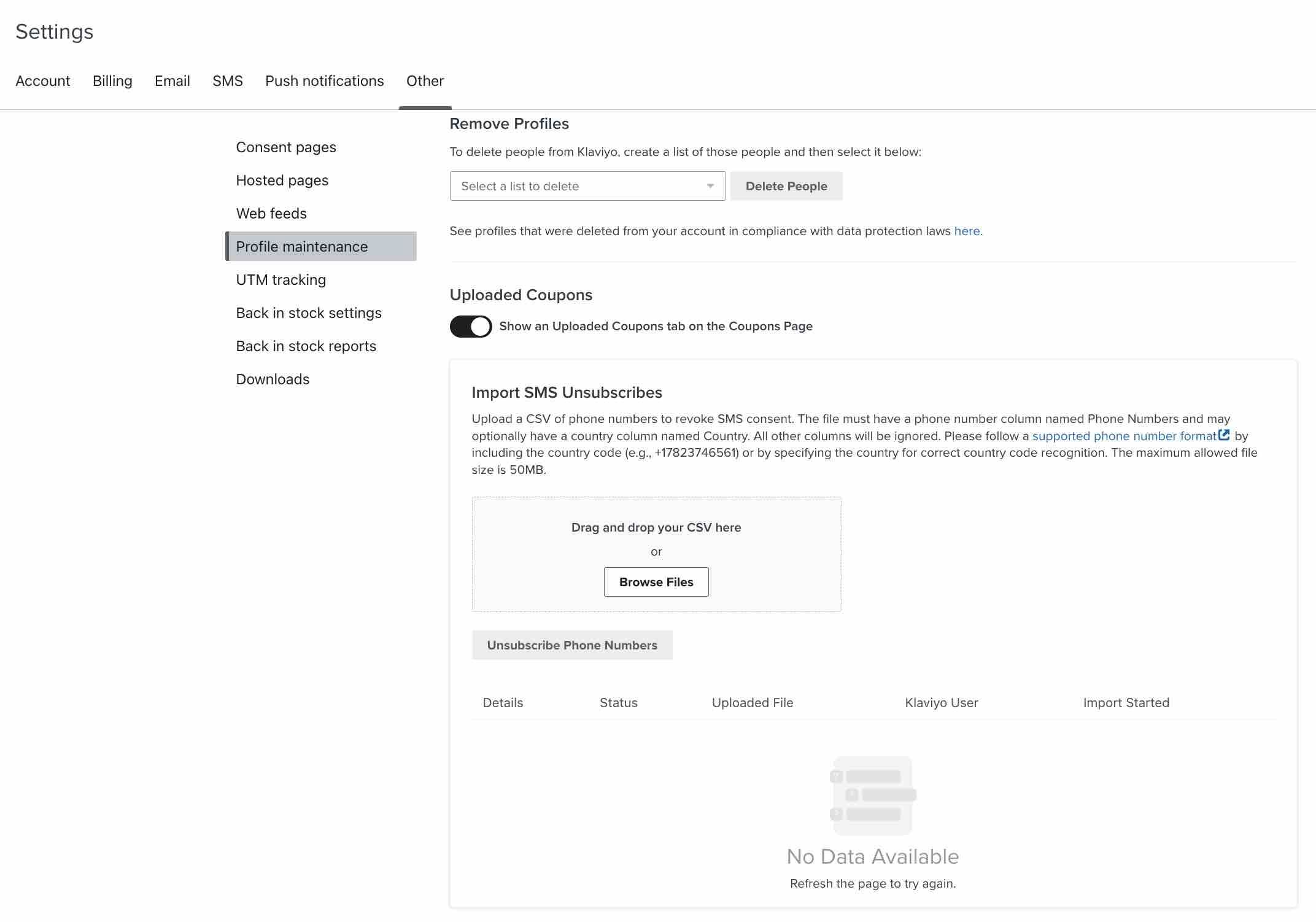 Import SMS unsubscribes within the other settings
