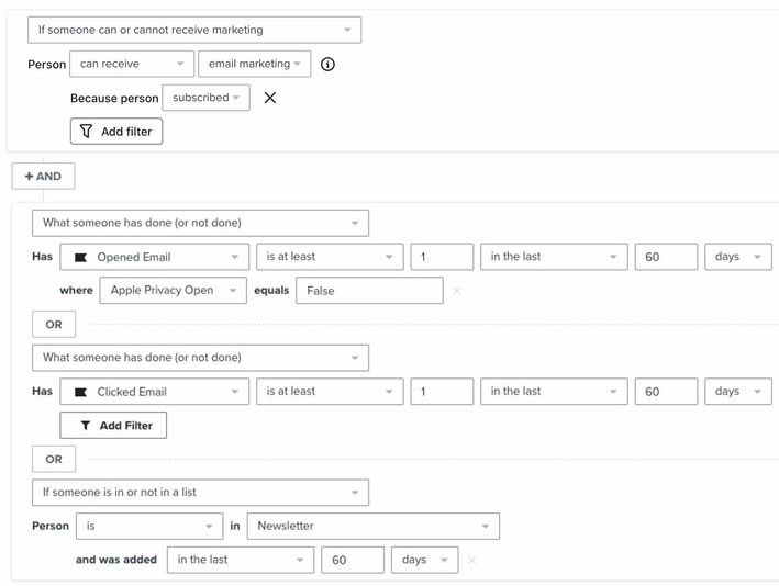 subscribers that are part of your main newsletter list and have opened, clicked, or been added to the newsletter list in the past 60 days