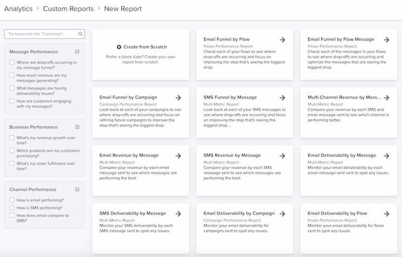 The Reports Library showing a tile for each type of custom prebuilt Klaviyp report you can choose to use for your data insights.