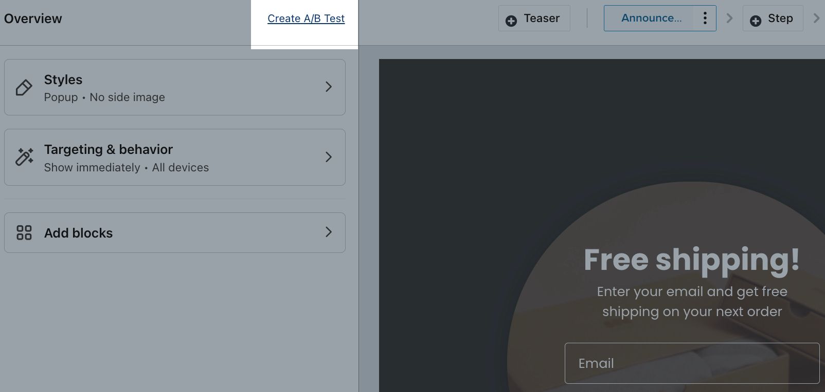 The Create A/B Test button highlighted and being selected from the top menu bar in the sign-up form editor.
