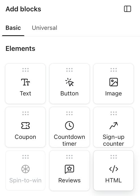 A user interface for adding blocks, showing 'Basic' elements like Text, Button, Image, Coupon, Countdown timer, Sign-up counter, Spin-to-win, Reviews, and HTML.