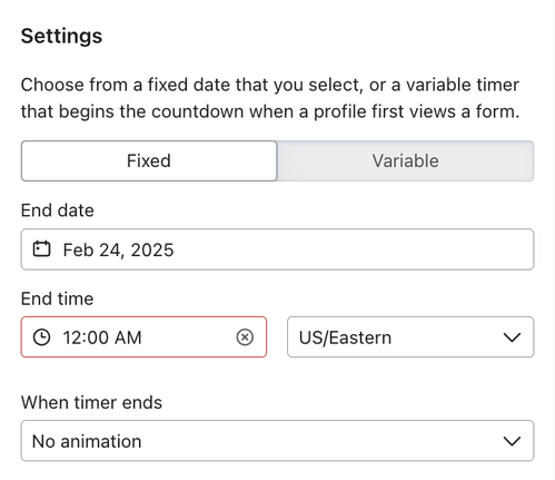 Countdown timer settings