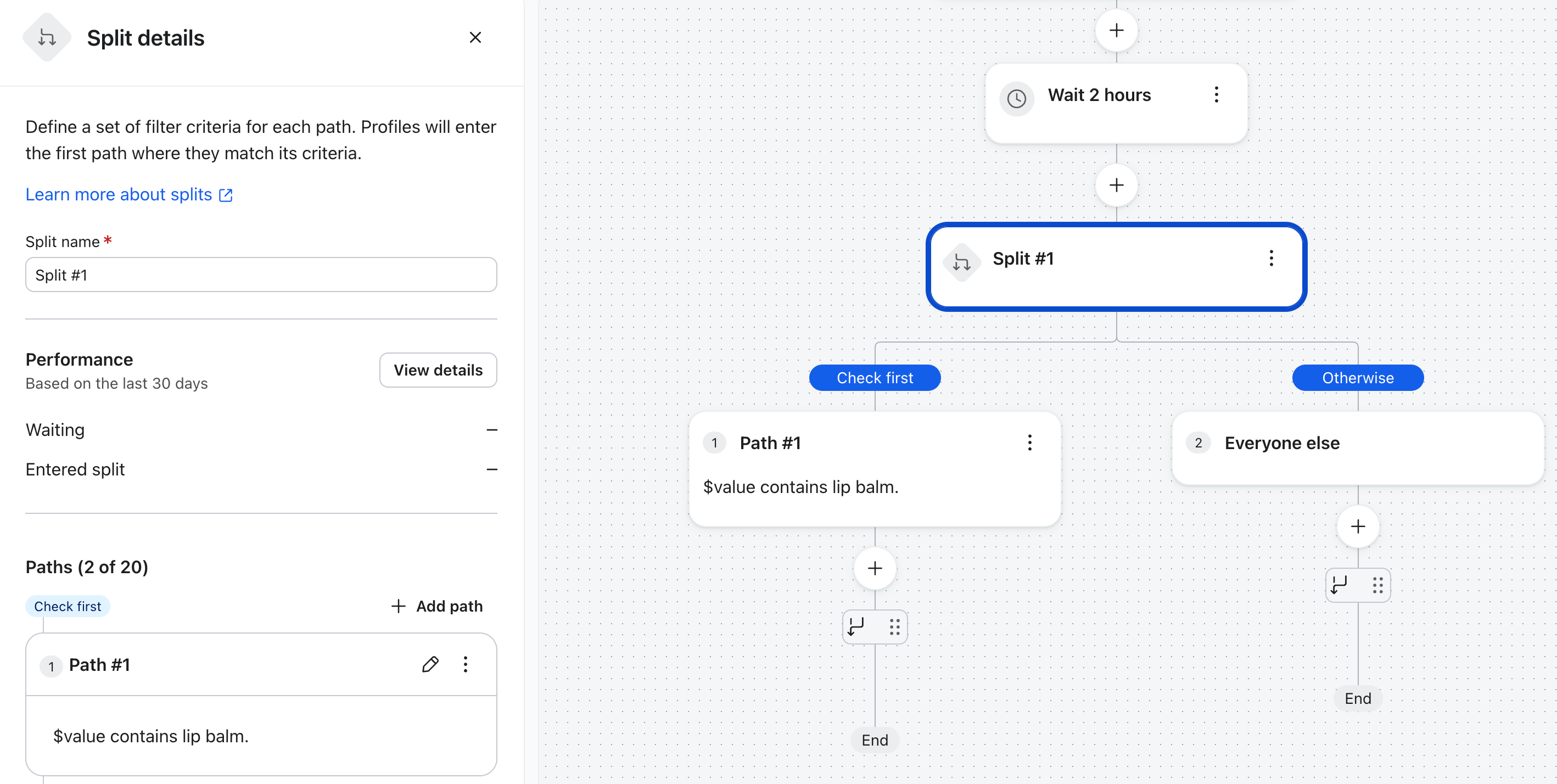 A workflow management interface showing a "Split #1" configuration, routing profiles based on whether "$value contains lip balm" or to an "Everyone else" path.