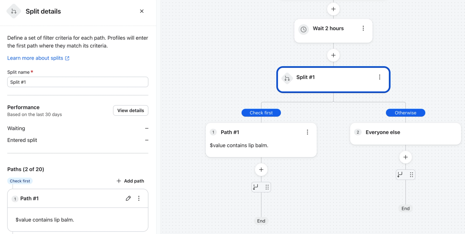 Uma interface de gerenciamento de fluxo de trabalho mostrando uma configuração de "Divisão #1", encaminhando perfis com base em se "$value contém lip balm" ou para um caminho "Todos os outros".