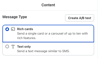 A user interface for message type selection, with "Rich cards" chosen and "Text only" as an alternative.