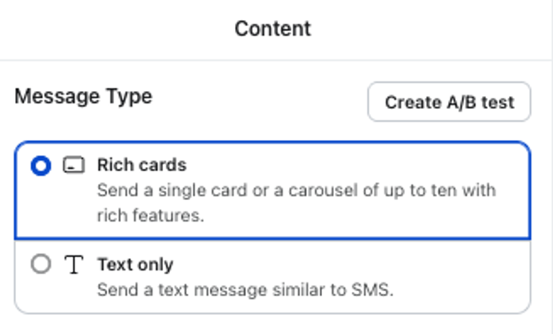 A user interface for message type selection, with "Rich cards" chosen and "Text only" as an alternative.