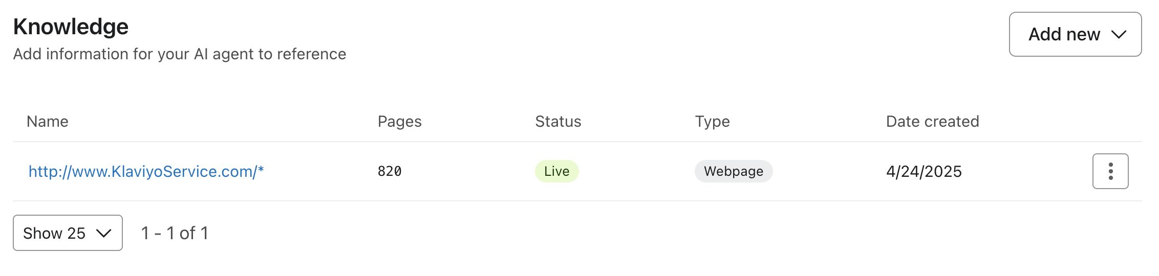 Knowledge tab showing a single live webpage data source for the AI Service Agent.