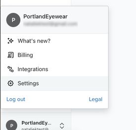 The Settings button being selected from the account menu in the bottom left corner of Klaviyo.