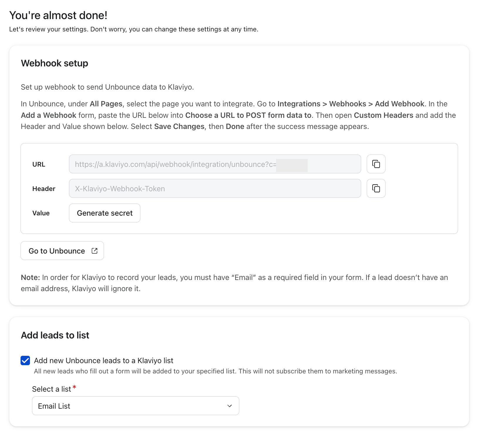 Een installatiepagina voor het integreren van Unbounce met Klaviyo, met webhook-configuratievelden voor URL, koptekst en waarde, plus een sectie om leads toe te voegen aan een specifieke e-maillijst.